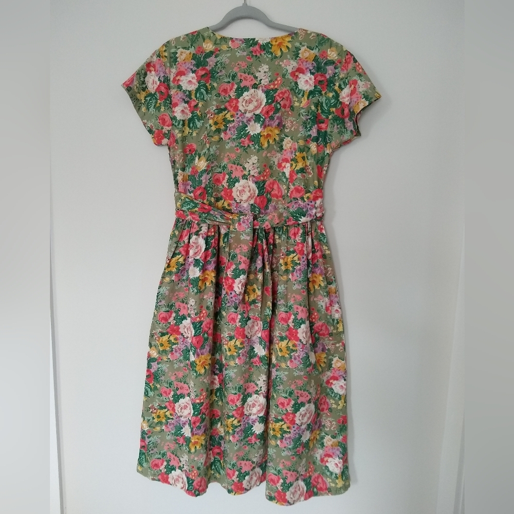 Vintage 90's Erika Cotton Green Multicolor Floral Cottage Midi Dress Sz Lg - Picture 8 of 9